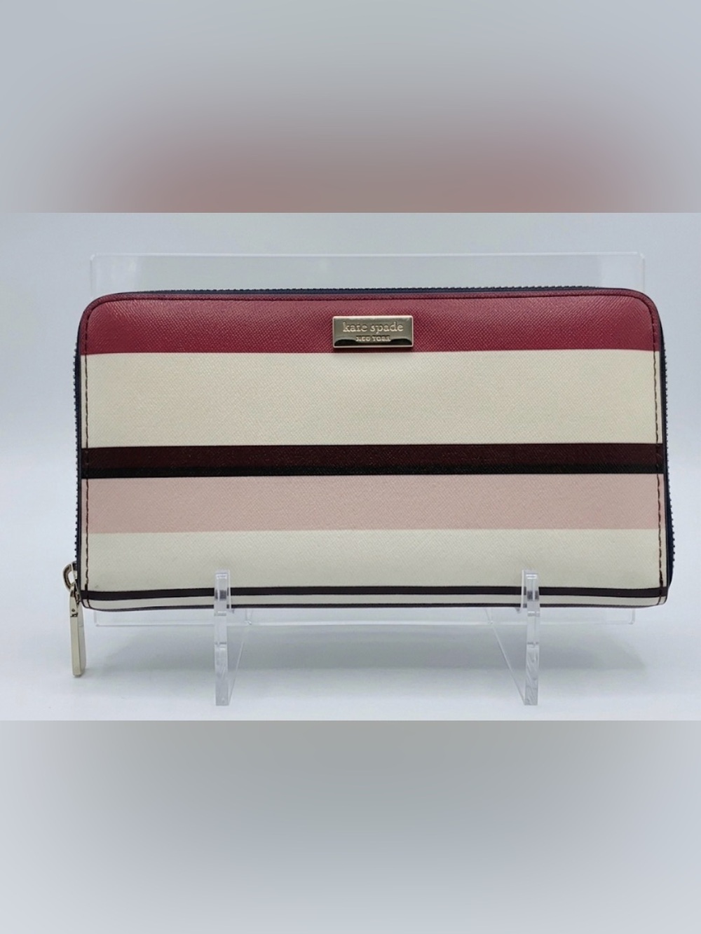 Kate Spade New York Striped Saffiano Leather Zip-Around Large Wallet 7.5" x 4"